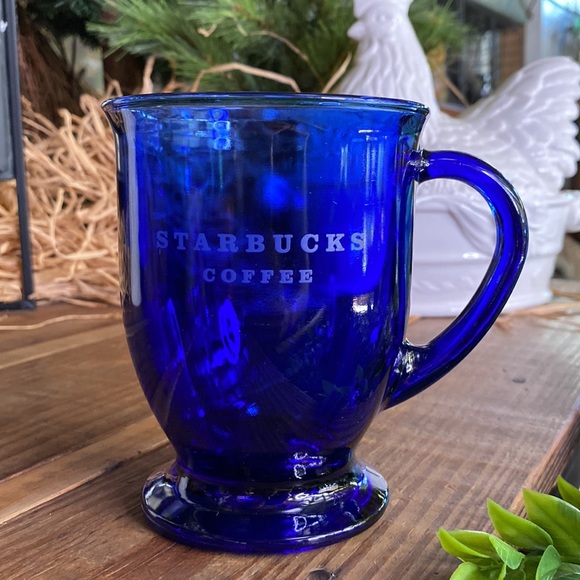Starbucks Cobalt Blue Glass Starbucks Coffee Etched Footed Handled Mug 16 oz - Picture 5 of 16